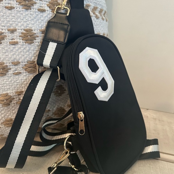 Handbags - Black Crossbody Bag White Number Patch #9 football baseball sports bag
